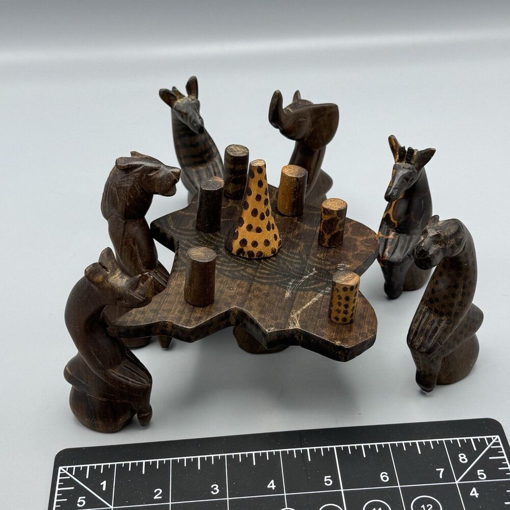 African Hand Carved Painted Wood Figurine 14 Pc Set Kenya Animals Decanter Cups
